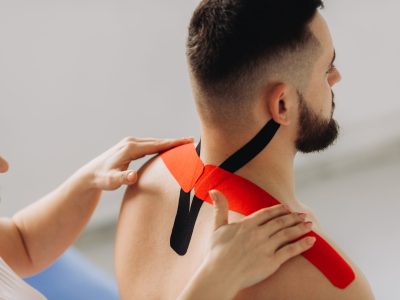 Physiotherapist applying red and black kinesio tapes to patients back in his office. Close up